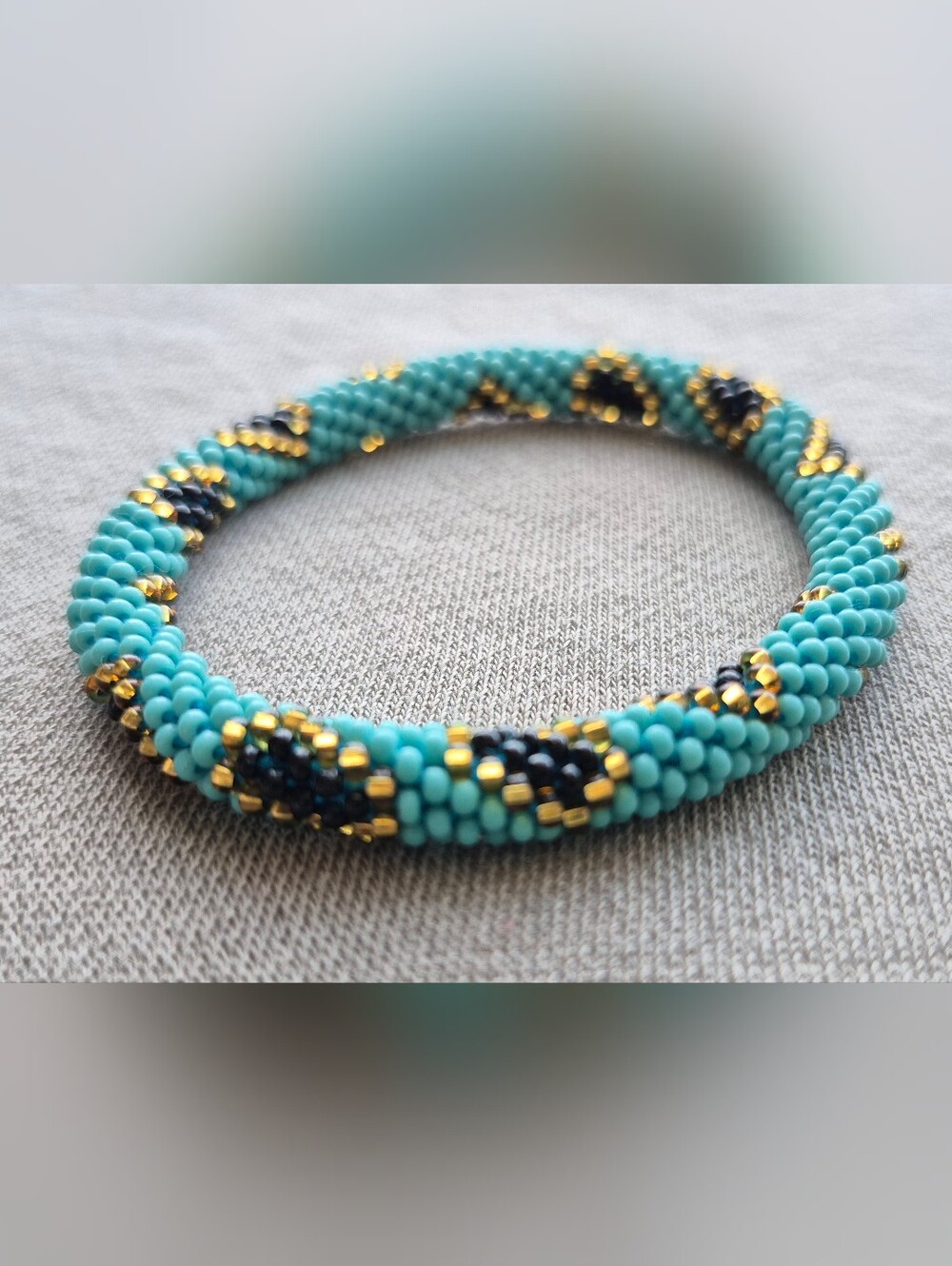 Turquoise Seed Bead Bracelet with Black & Gold Accents